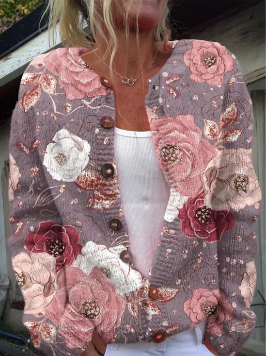 Women Floral Casual Spring/Fall Printing Cardigan