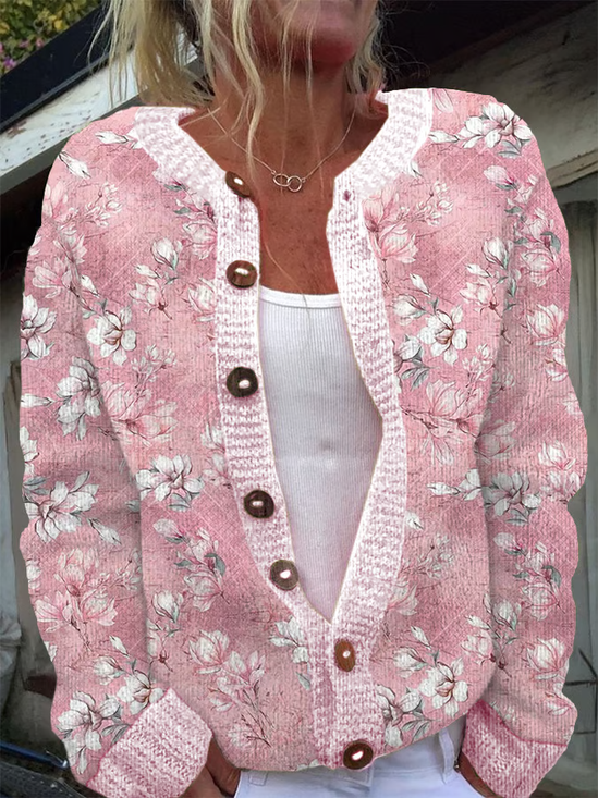 Women Floral Casual Spring/Fall Printing Cardigan