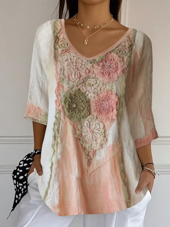 Women Floral Three Quarter Sleeve Tee T-shirt V Neck Printing Casual Spring/Fall Graphic Tee Top