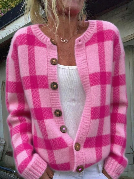 Women Plaid Casual Spring/Fall Printing Cardigan