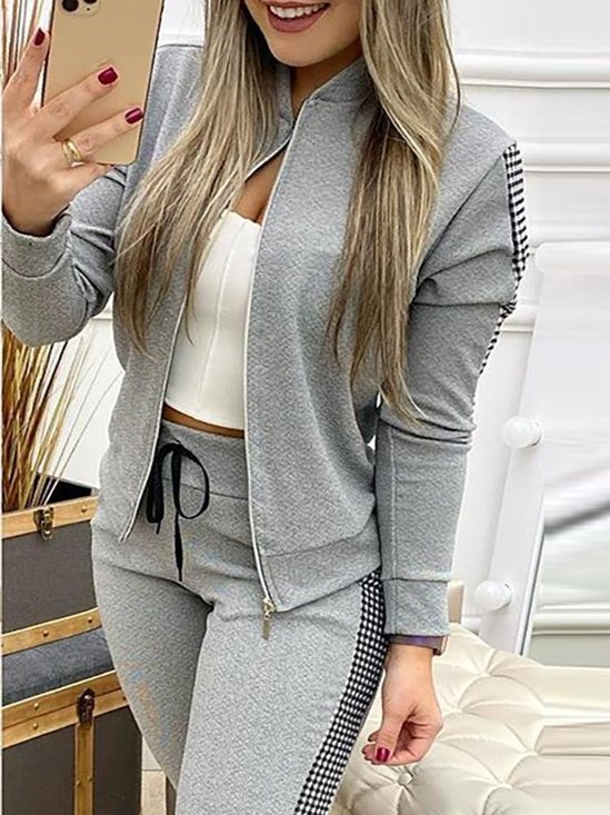 Women Geometric Split Joint Two-Piece Set Daily Long Sleeve Casual Spring/Fall Top With Pants Matching Set