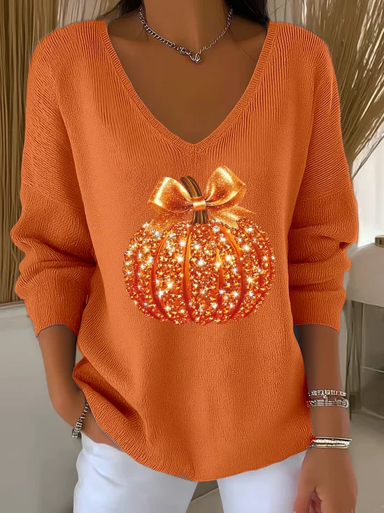 Women Halloween (pumpkin) Long Sleeve Tee T-shirt V Neck Printing Casual Spring/Fall Top
