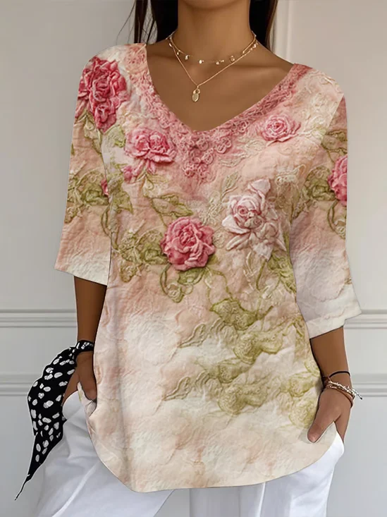 Women Floral Three Quarter Sleeve Tee T-shirt V Neck Printing Casual Spring/Fall Graphic Tee Top