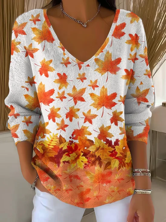 Women Maple Leaf Long Sleeve Tee T-shirt V Neck Printing Casual Spring/Fall Top
