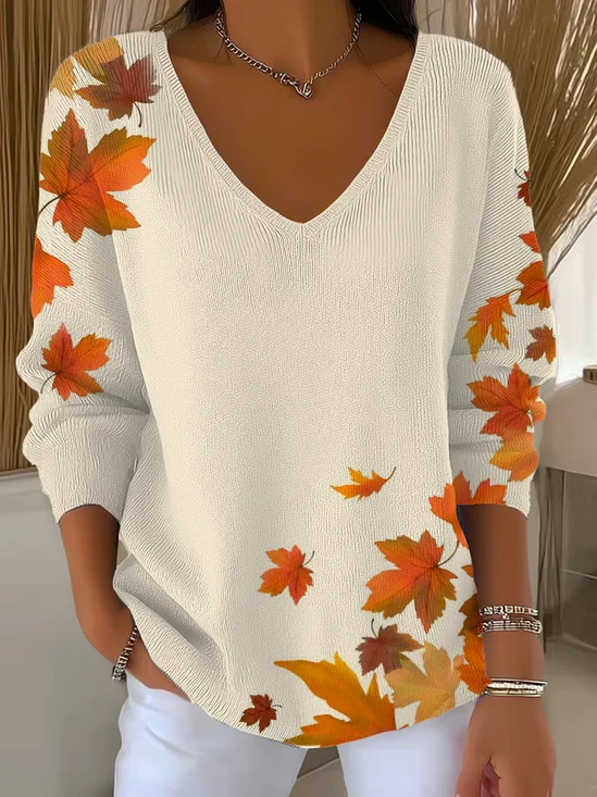 Women Maple Leaf Long Sleeve Tee T-shirt V Neck Printing Casual Spring/Fall Top
