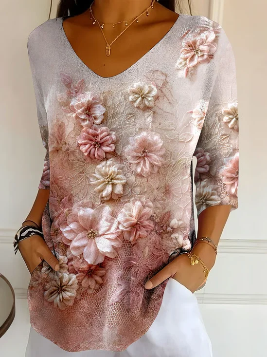 Women Floral Three Quarter Sleeve Tee T-shirt V Neck Printing Casual Spring/Fall Graphic Tee Top