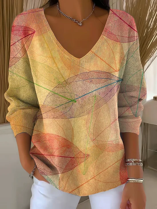 Women Maple Leaf Long Sleeve Tee T-shirt V Neck Printing Casual Spring/Fall Top