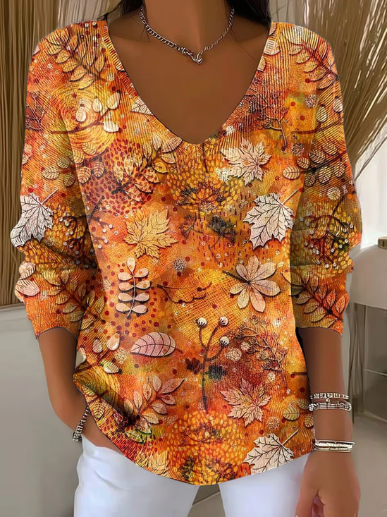 Women Maple Leaf Long Sleeve Tee T-shirt V Neck Printing Casual Spring/Fall Top