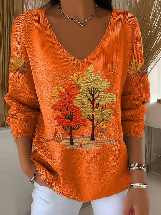 Women Maple Leaf Long Sleeve Tee T-shirt V Neck Printing Casual Spring/Fall Top