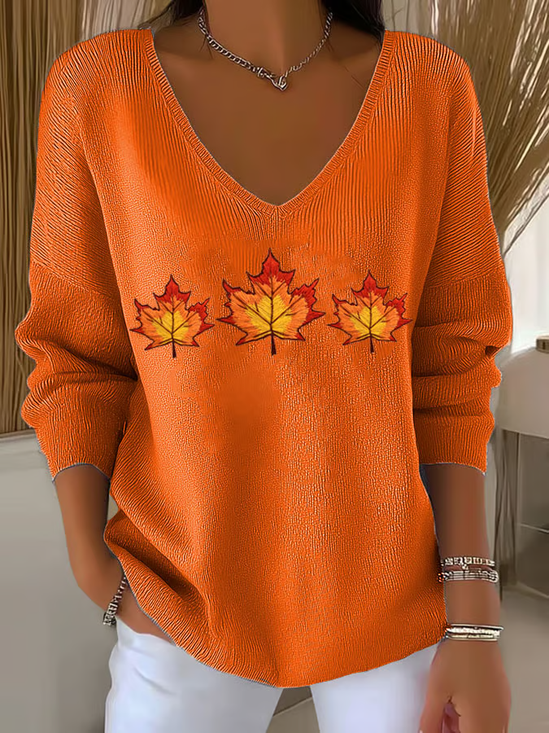 Women Maple Leaf Long Sleeve Tee T-shirt V Neck Printing Casual Spring/Fall Top