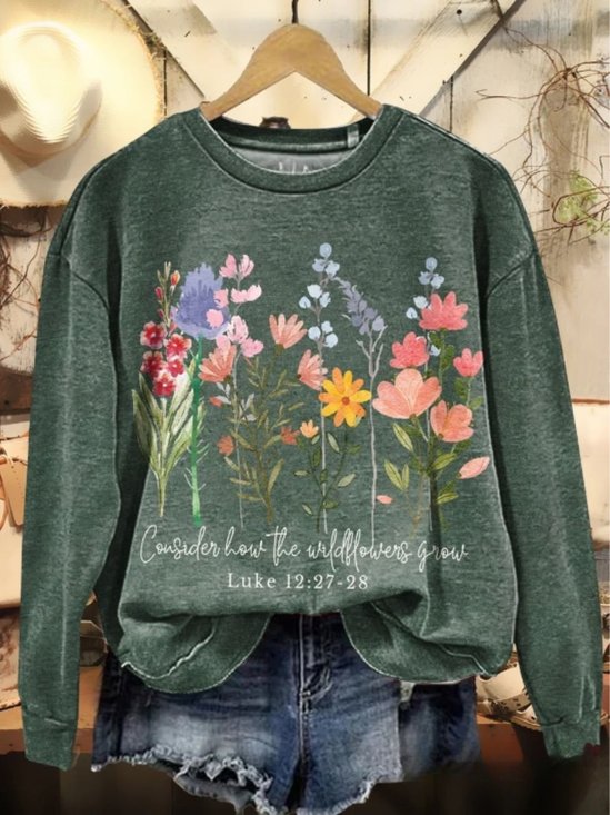 Women Floral Crew Neck Vintage Spring/Fall Long Sleeve Sweatshirt