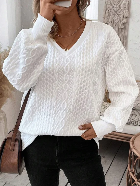 Women Geometric V Neck Jacquard Vintage Spring/Fall Long Sleeve Sweatshirt