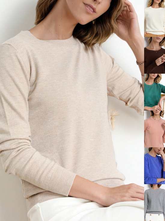 Women Plain Split Joint Spring/Fall Street Long Sleeve Crew Neck Sweater