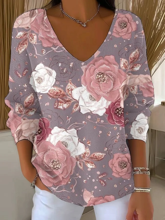 Women Floral Long Sleeve Tee T-shirt V Neck Printing Casual Spring/Fall Top