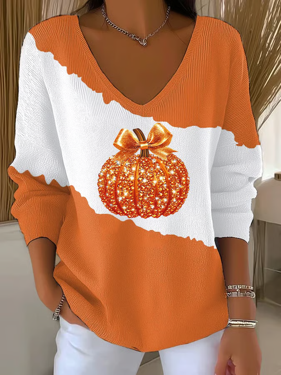 Women Halloween (pumpkin) Long Sleeve Tee T-shirt V Neck Printing Casual Spring/Fall Top