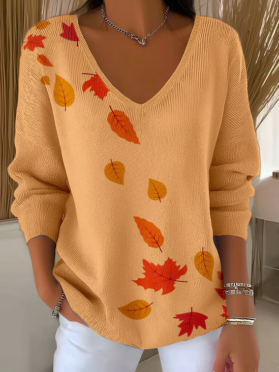 Women Maple Leaf Long Sleeve Tee T-shirt V Neck Printing Casual Spring/Fall Top