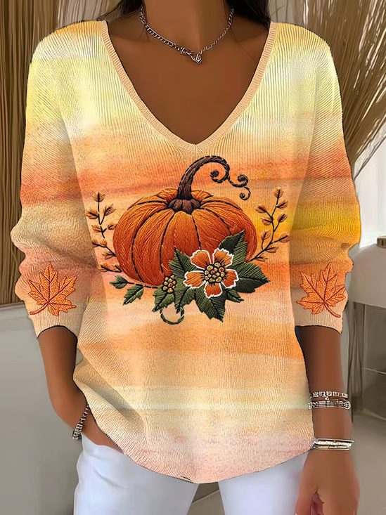 Women Maple Leaf Long Sleeve Tee T-shirt V Neck Printing Casual Spring/Fall Top