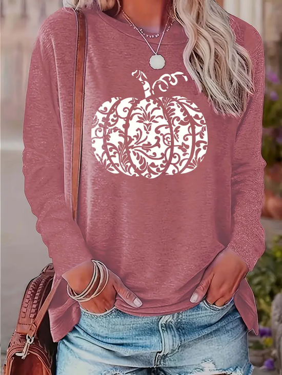 Women Halloween (pumpkin) Long Sleeve Tee T-shirt Crew Neck Printing Casual Spring/Fall Graphic Tee Top