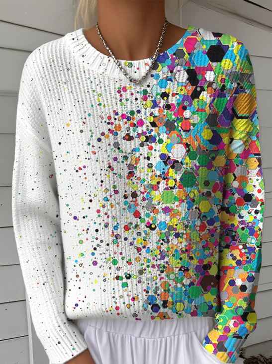 Women Geometric Vintage Long Sleeve Crew Neck Winter Sweater
