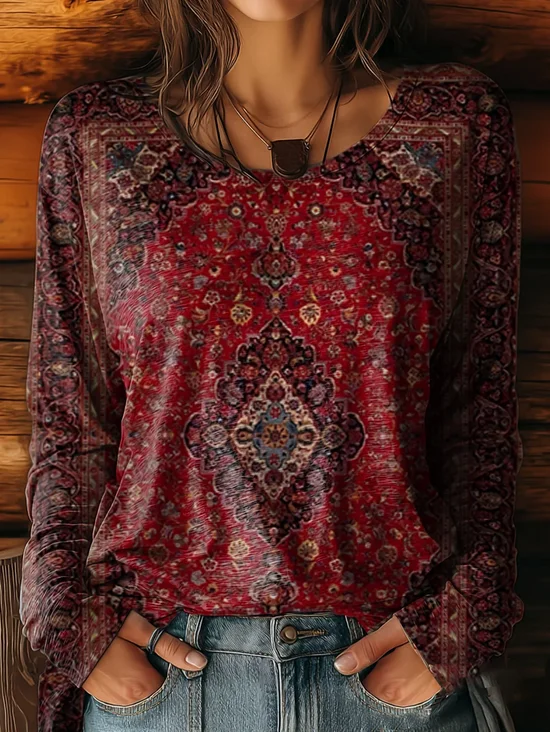Women Ethnic Long Sleeve Tee T-shirt Crew Neck Printing Casual Spring/Fall Graphic Tee Top
