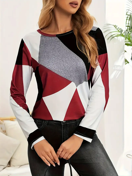 Women Abstract Long Sleeve Tee T-shirt Crew Neck Printing Casual Spring/Fall Graphic Tee Top