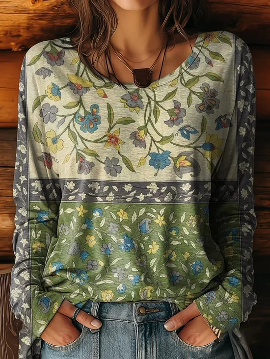 Women Floral Long Sleeve Tee T-shirt Crew Neck Printing Casual Spring/Fall Graphic Tee Top
