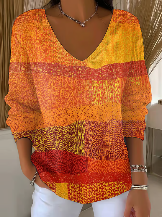 Women Abstract Long Sleeve Tee T-shirt V Neck Printing Casual Spring/Fall Top