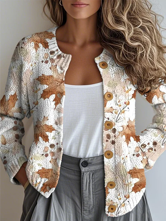 Women Maple Leaf Buttons Long Sleeve Crew Neck Vintage Spring/Fall Cardigan Outerwear