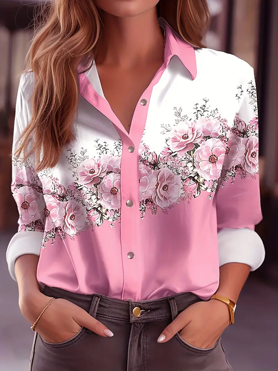 Women Floral Long Sleeve Shirt Spring/Fall Buckle Shirt Collar Regular Sleeve Daily Casual Top