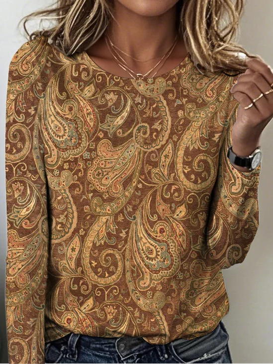 Women Paisley Long Sleeve Tee T-shirt Crew Neck Vintage Spring/Fall Top