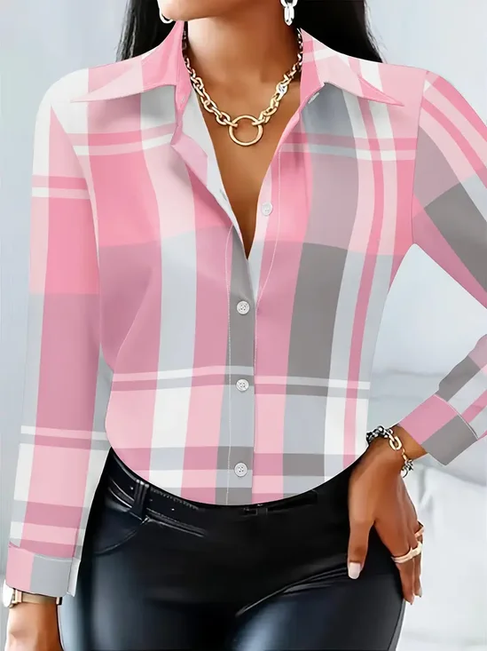 Women Plaid Long Sleeve Shirt Spring/Fall Buckle Shirt Collar Regular Sleeve Daily Casual Top