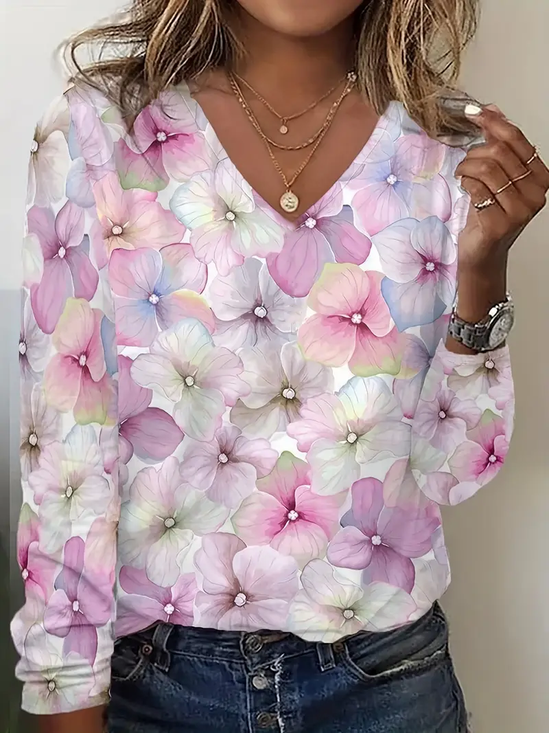 Women Floral Long Sleeve Tee T-shirt V Neck Printing Casual Spring/Fall Graphic Tee Top