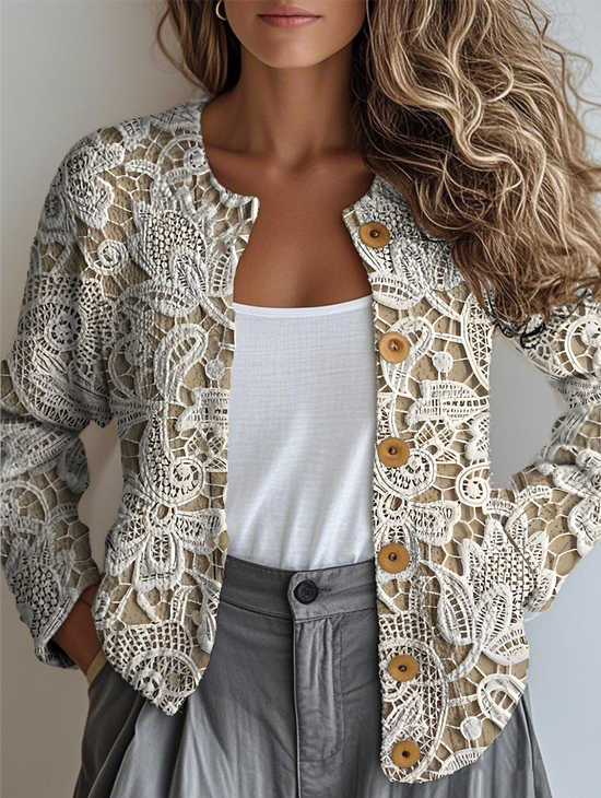 Women Floral Buttons Long Sleeve Crew Neck Vintage Spring/Fall Cardigan Outerwear