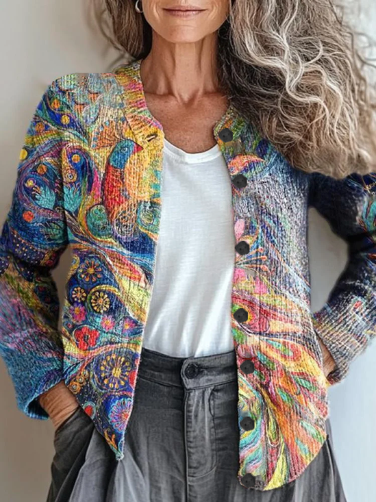 Women Abstract Vintage Spring/Fall Printing Cardigan