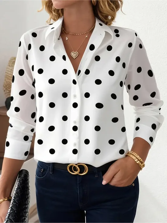 Women Polka Dots Long Sleeve Shirt Spring/Fall Buckle Shirt Collar Regular Sleeve Daily Casual Top