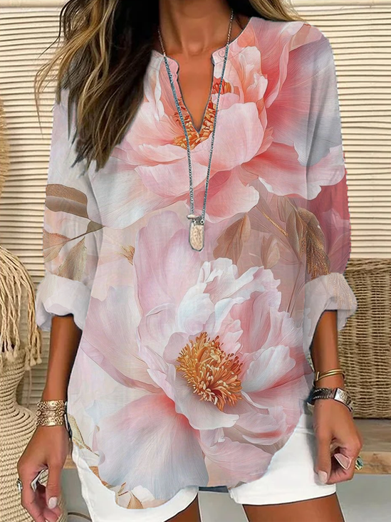 Women Floral Long Sleeve Blouse Spring/Fall Printing V Neck Daily Casual Top