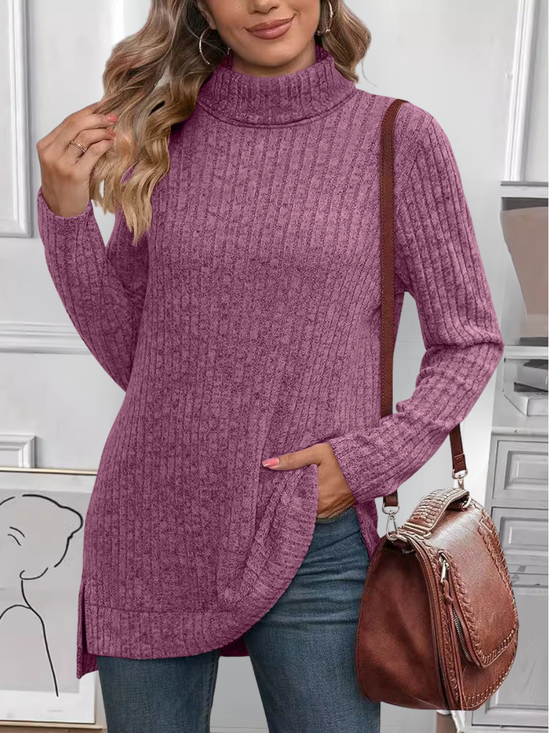 Women Plain Long Sleeve Tee T-shirt Turtleneck Split Joint Vintage Spring/Fall Top