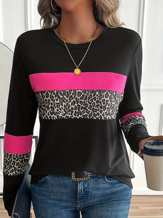 Women Leopard Long Sleeve Tee T-shirt Crew Neck Printing Casual Spring/Fall Graphic Tee Top