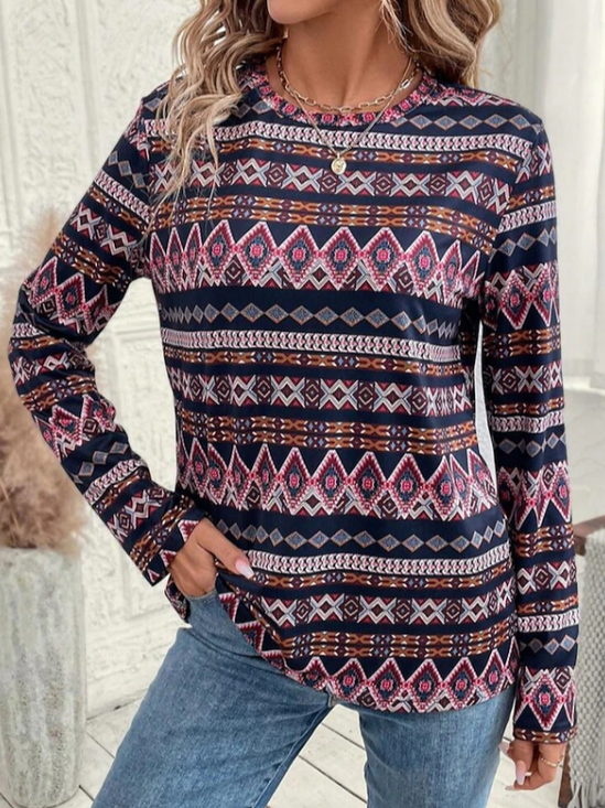 Women Abstract Long Sleeve Tee T-shirt Crew Neck Printing Casual Spring/Fall Graphic Tee Top