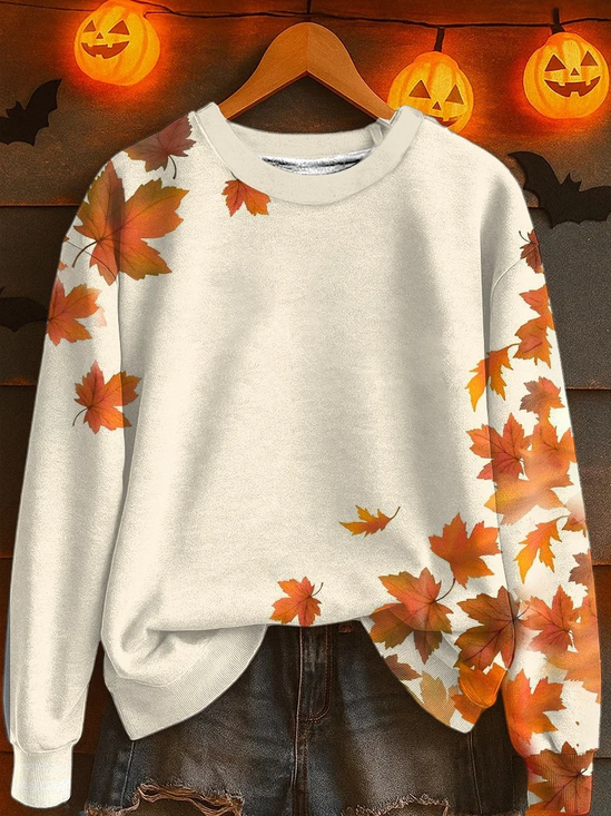 Women Maple Leaf Crew Neck Printing Casual Spring/Fall Long Sleeve Sweatshirt
