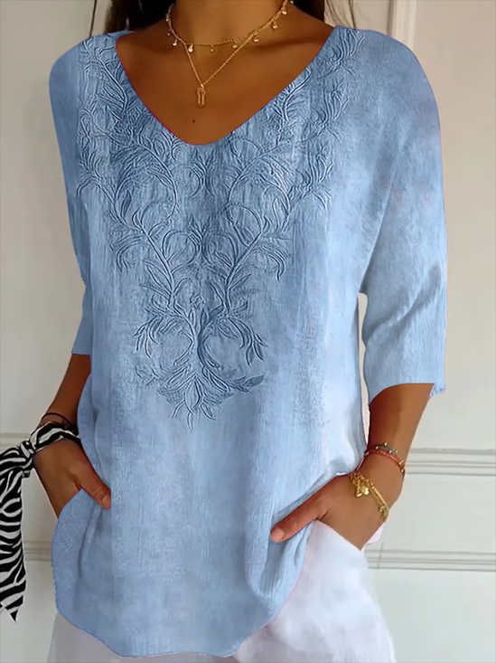 Women Floral Three Quarter Sleeve Tee T-shirt V Neck Printing Casual Spring/Fall Graphic Tee Top