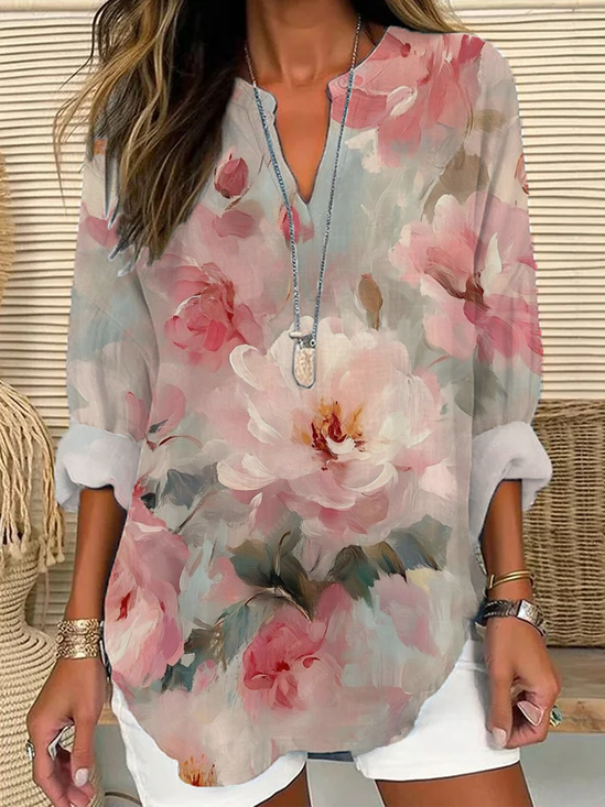 Women Floral Long Sleeve Blouse Spring/Fall Printing V Neck Daily Casual Top
