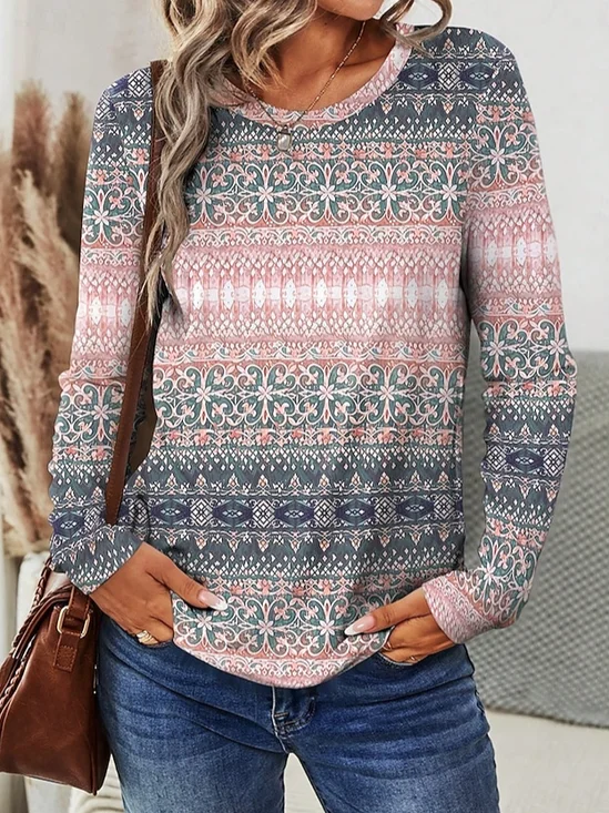 Women Ethnic Long Sleeve Tee T-shirt Crew Neck Printing Casual Spring/Fall Graphic Tee Top