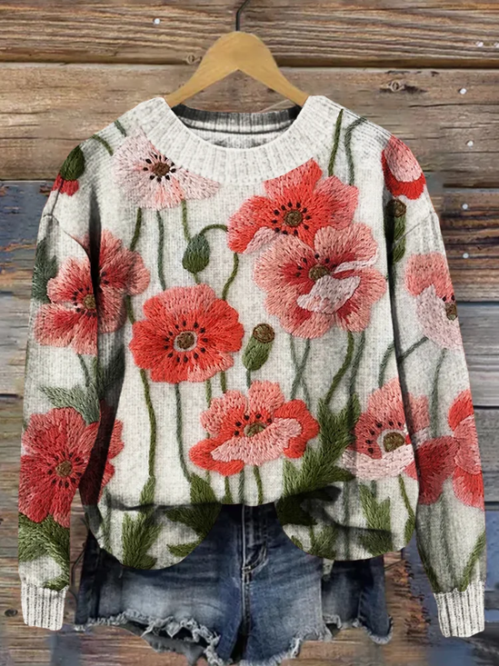 Women Floral Printing Spring/Fall Casual Long Sleeve Crew Neck Knitted Sweater