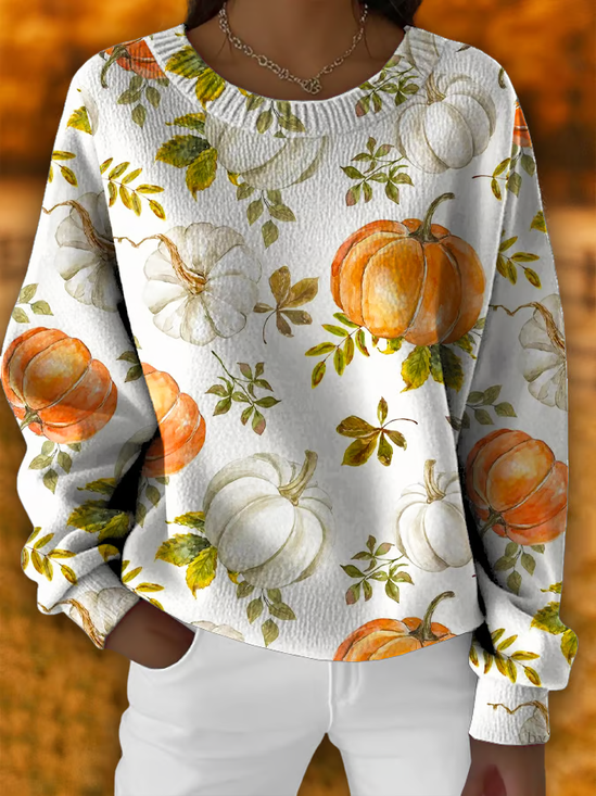 Women Floral Printing Spring/Fall Casual Long Sleeve Crew Neck Knitted Sweater