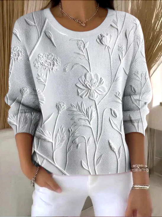 Women Floral Spring/Fall Vintage Long Sleeve Crew Neck Cotton Sweater