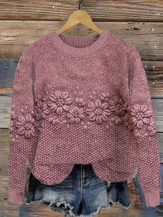 Women Floral Printing Spring/Fall Casual Long Sleeve Crew Neck Knitted Sweater