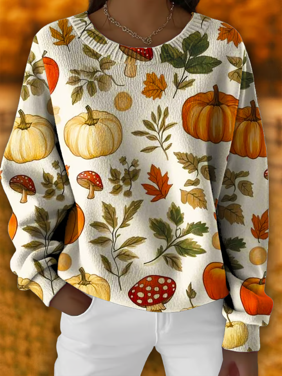 Women Floral Printing Spring/Fall Casual Long Sleeve Crew Neck Knitted Sweater