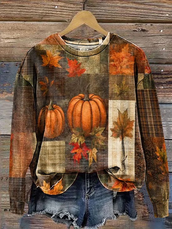 Women Maple Leaf Crew Neck Printing Casual Spring/Fall Long Sleeve Sweatshirt