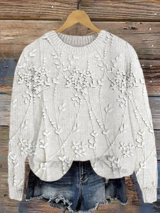 Women Floral Printing Spring/Fall Casual Long Sleeve Crew Neck Knitted Sweater